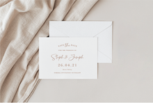 Load image into Gallery viewer, Simple save the date cards can be  can be customised with font and colours. Brown text printed on an off white card.
